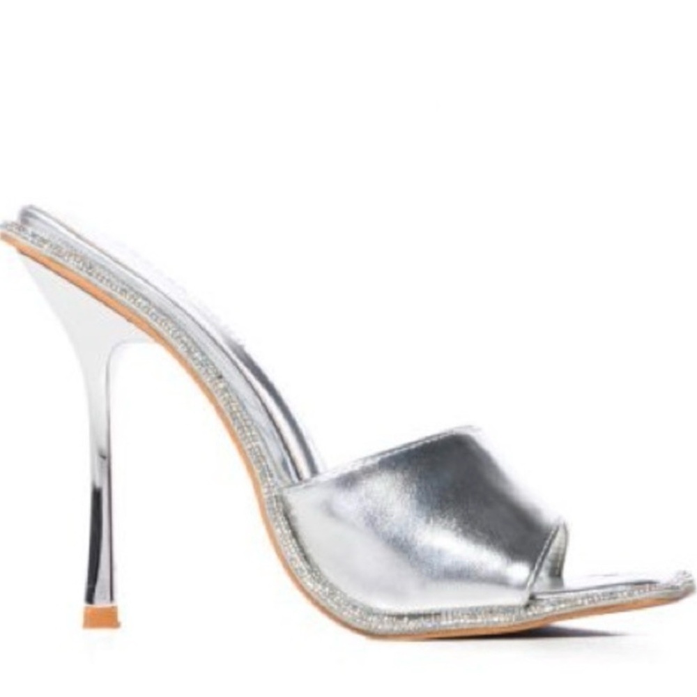 AKIRA Shiny Silver High Heel Mules